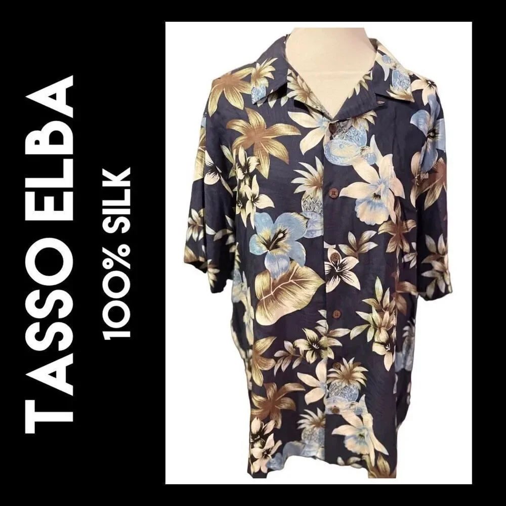 Tasso Elba Men's Button Down Shirt Collared Floral 100% Silk Navy Blue XL